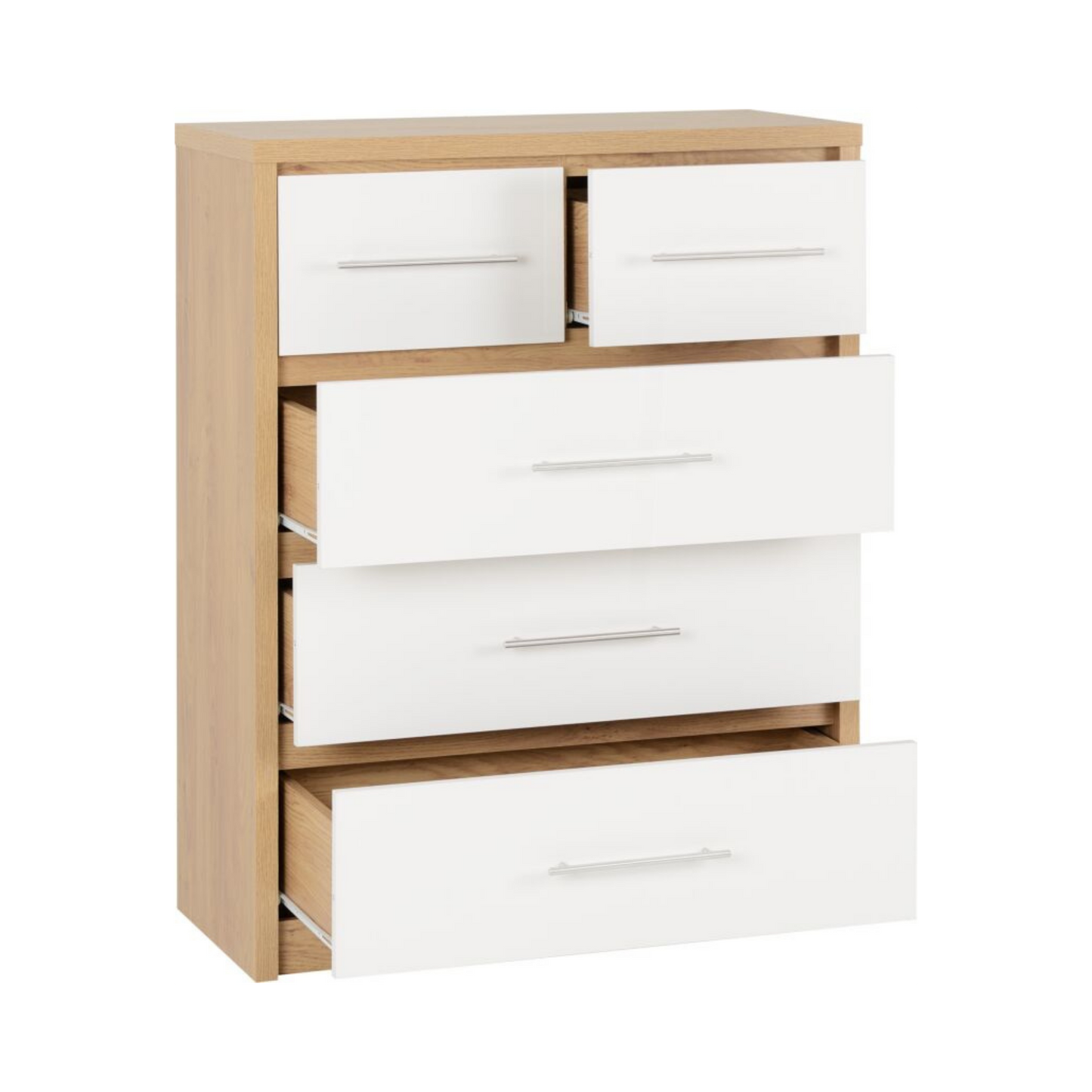 Seville 3+2 Drawer Chest - White Gloss/Light Oak Effect