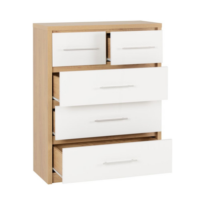 Seville 3+2 Drawer Chest - White Gloss/Light Oak Effect