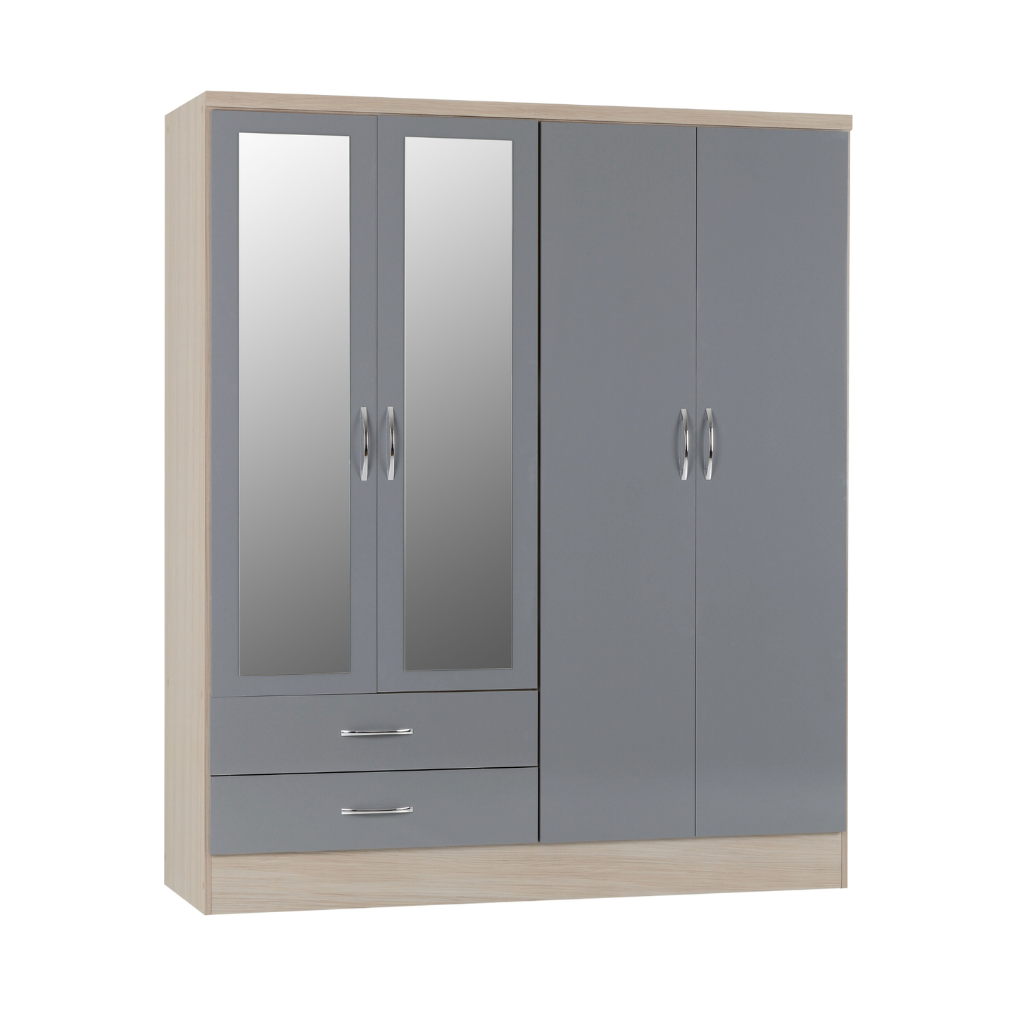 Nevada 4 Door 2 Drawer Wardrobe - Grey Gloss/Light Oak Veneer