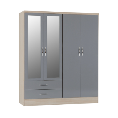 Nevada 4 Door 2 Drawer Wardrobe - Grey Gloss/Light Oak Veneer
