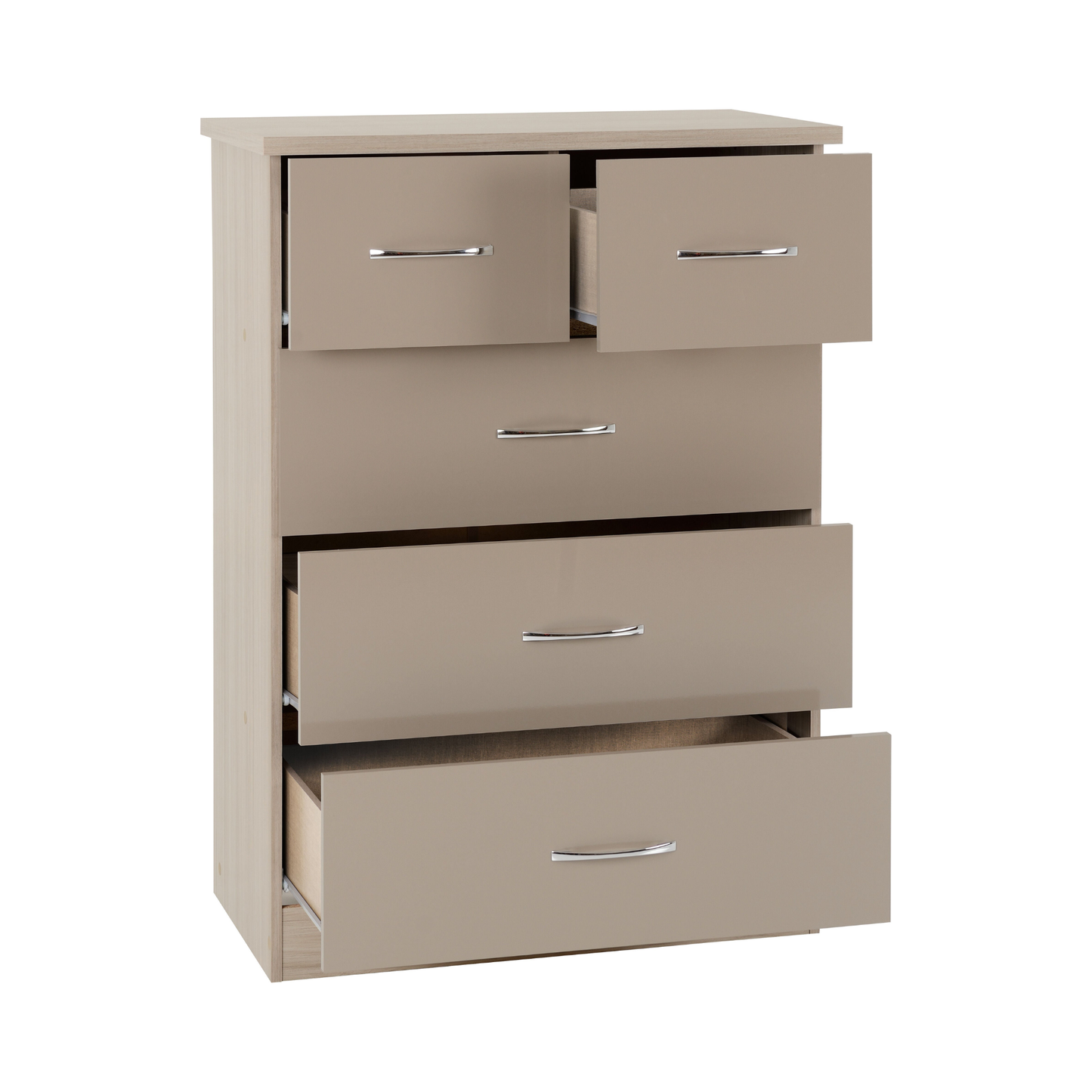 Nevada 3+2 Drawer Chest - Oyster Gloss/Light Oak Effect Veneer