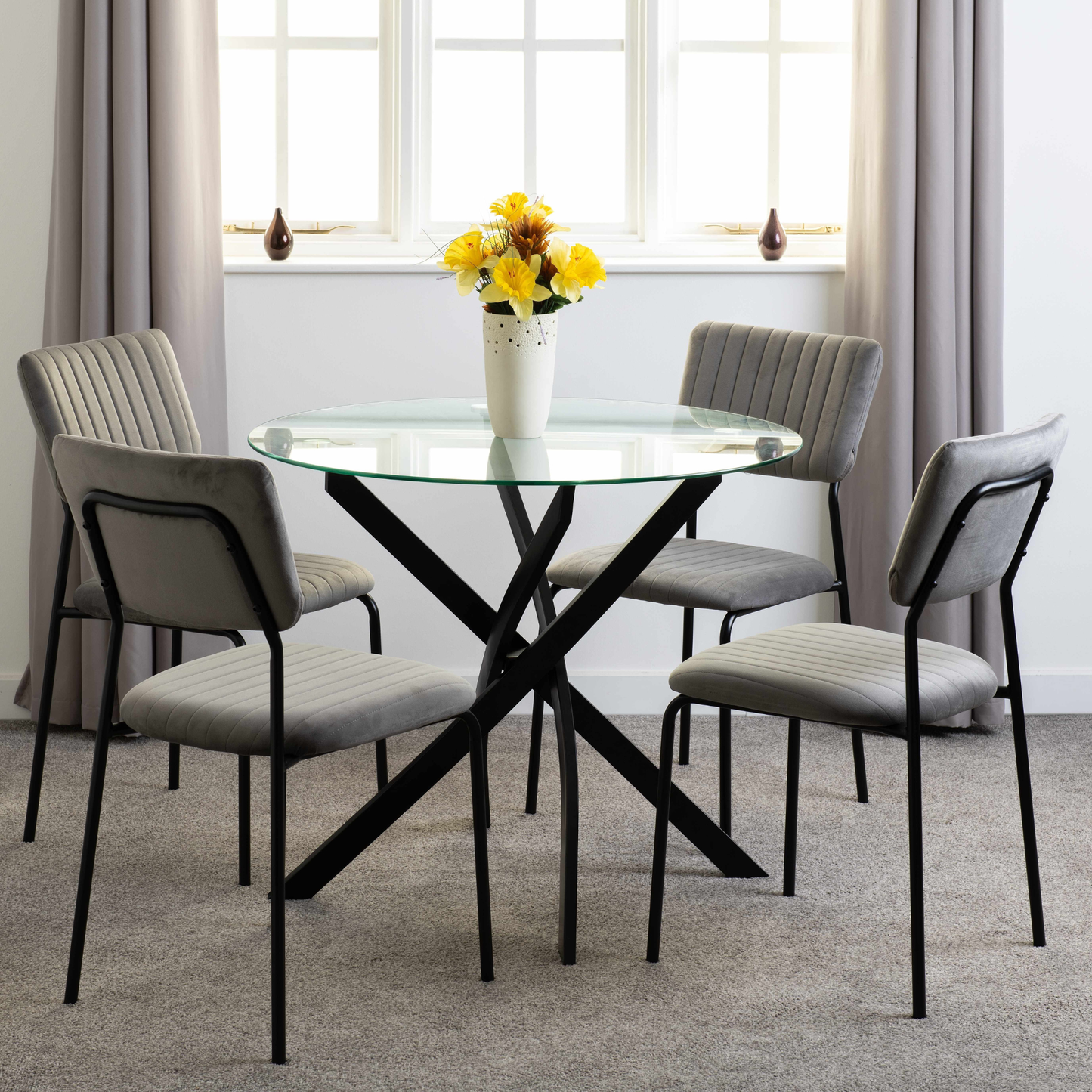 Sheldon Round Glass Top Dining Set - Clear Glass/Grey Velvet