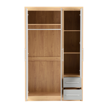 Seville 3 Door 2 Drawer Wardrobe - Grey Gloss/Oak Veneer