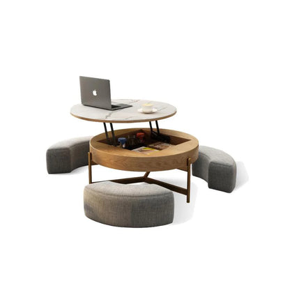 Josiah Round Lift-Top Coffee Table With 3 Small Benches, Linen