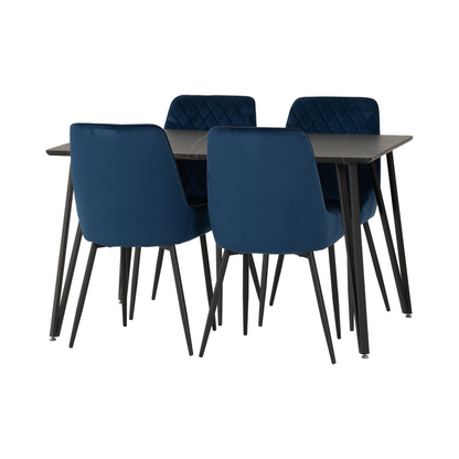 Marlow & Avery Dining Set - Black Marble/Sapphire Blue Velvet (4 Chairs)