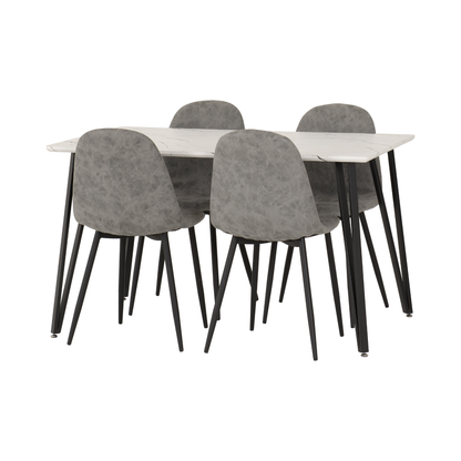 Marlow & Athens Dining Set (4 Chairs) - White Marble/Grey PU