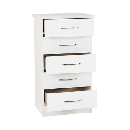Nevada 5 Drawer Narrow Chest - White Gloss