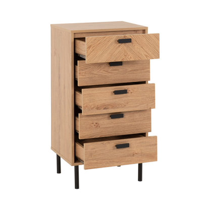 Leon 5 Drawer Narrow Chest – Medium Oak Effect, Vertical Storage Solution
