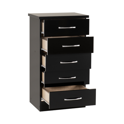 Nevada 5 Drawer Narrow Chest - Black Gloss