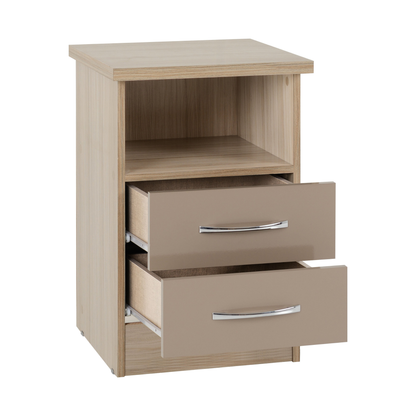 Nevada 2 Drawer Bedside – Oyster Gloss/Light Oak Effect