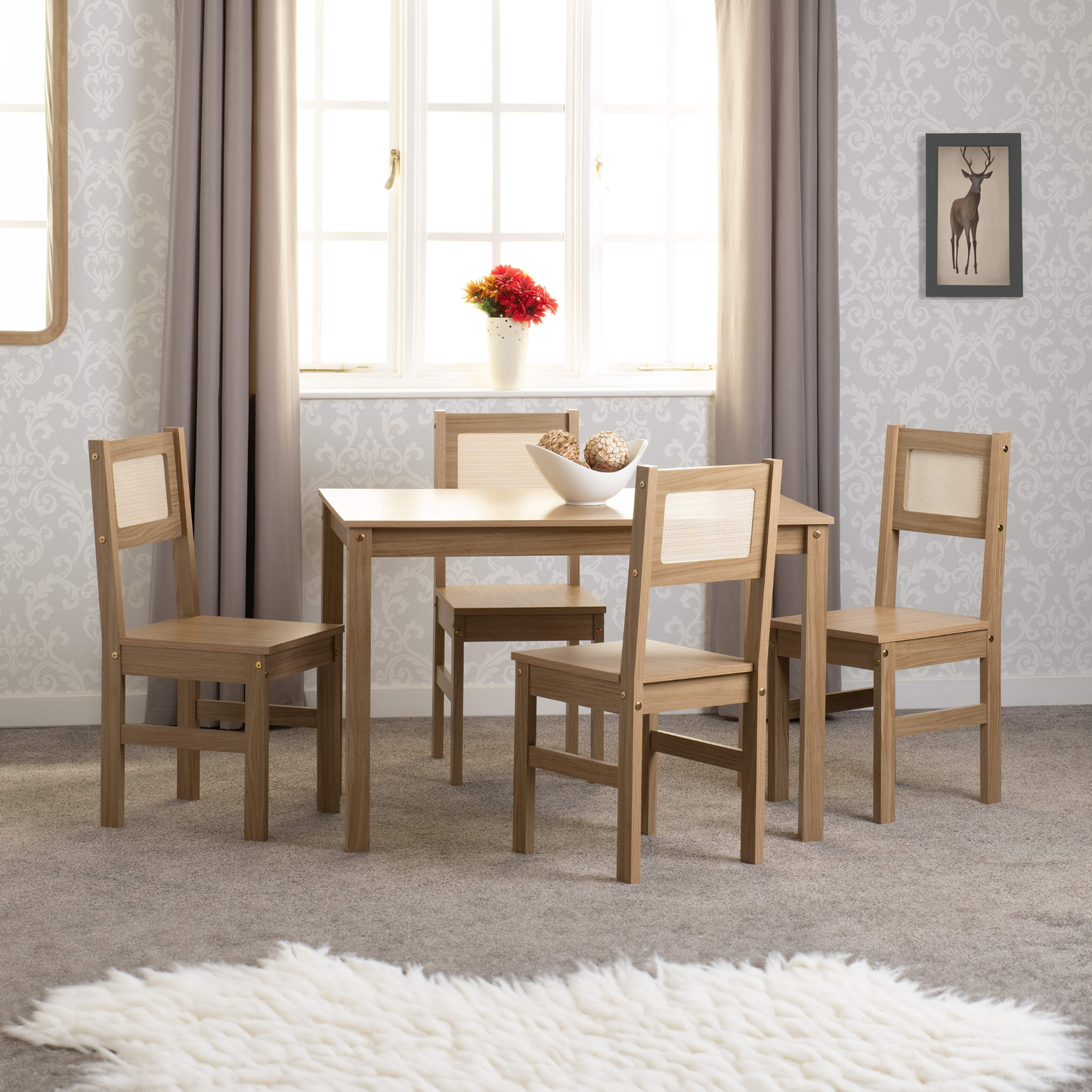 Santana 1+4 Dining Set - Light Oak/Rattan Effect