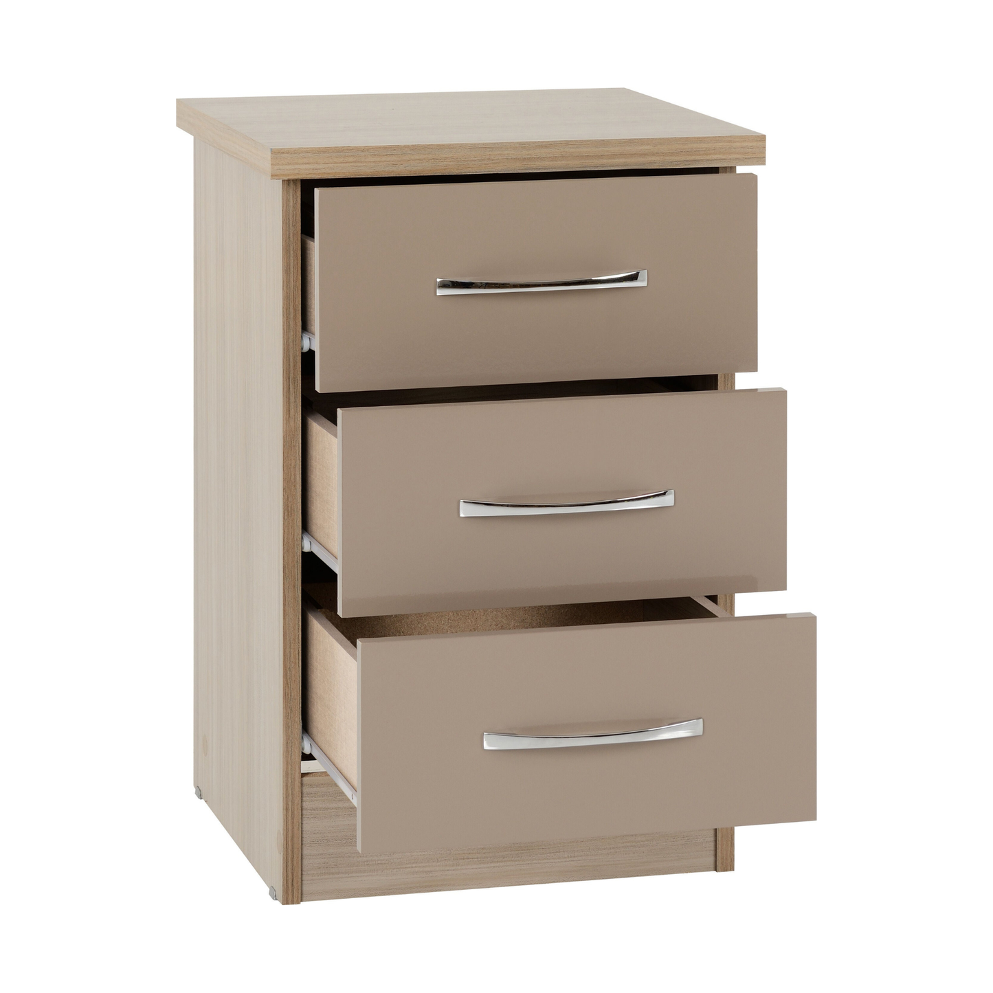 Nevada 3 Drawer Bedside – Oyster Gloss/Light Oak Effect