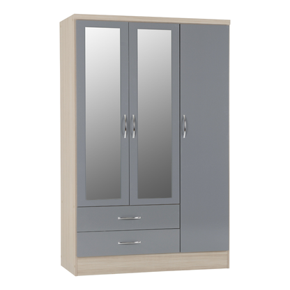 Nevada 3 Door 2 Drawer Wardrobe - Grey Gloss/Light Oak Veneer