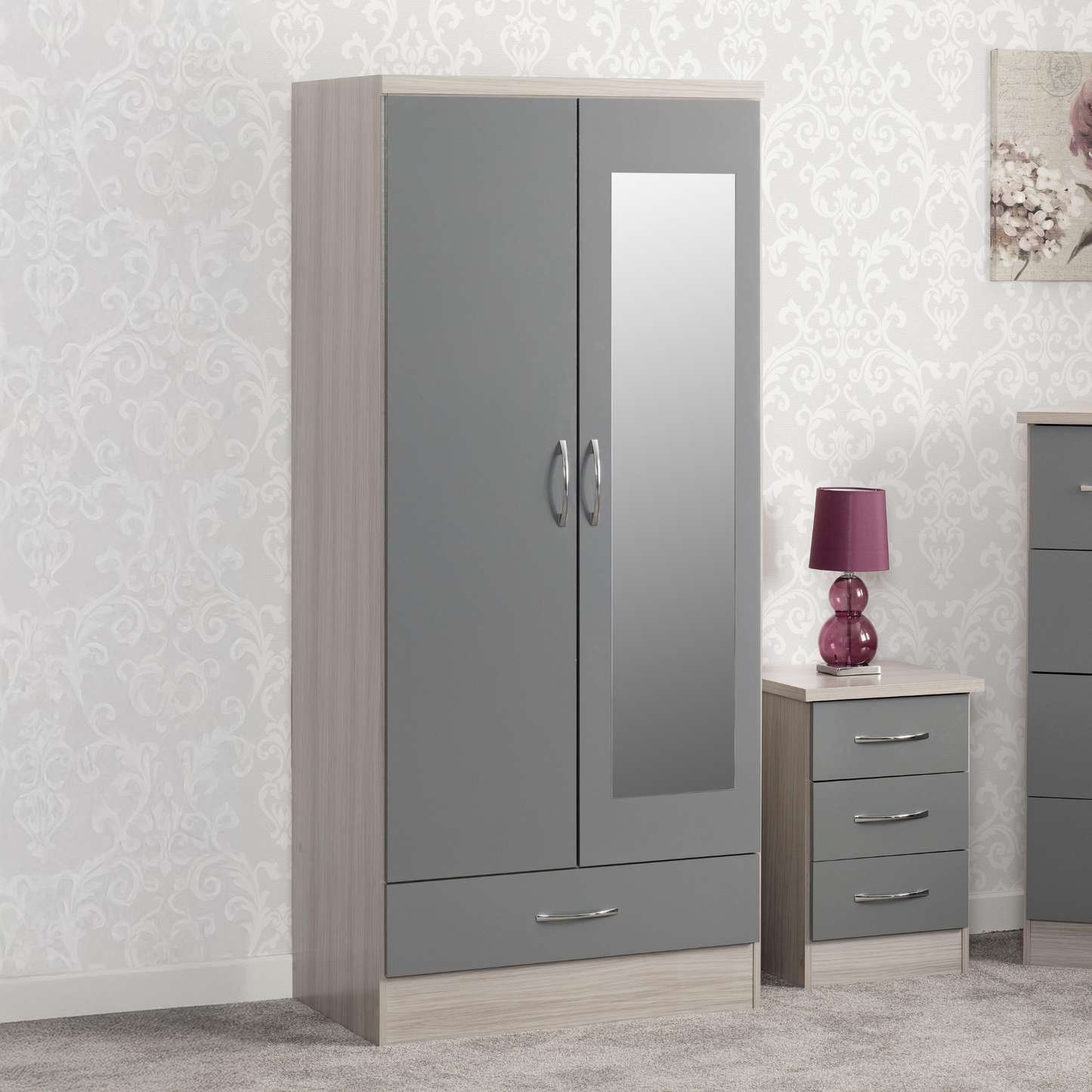 Nevada Mirrored 2 Door Wardrobe - Grey Gloss/Light Oak
