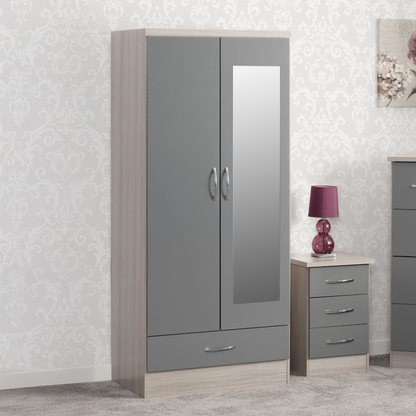 Nevada Mirrored 2 Door Wardrobe - Grey Gloss/Light Oak