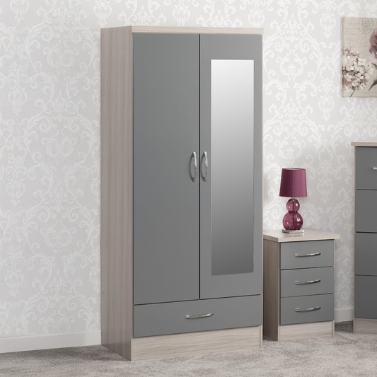 Nevada Mirrored 2 Door Wardrobe - Grey Gloss/Light Oak