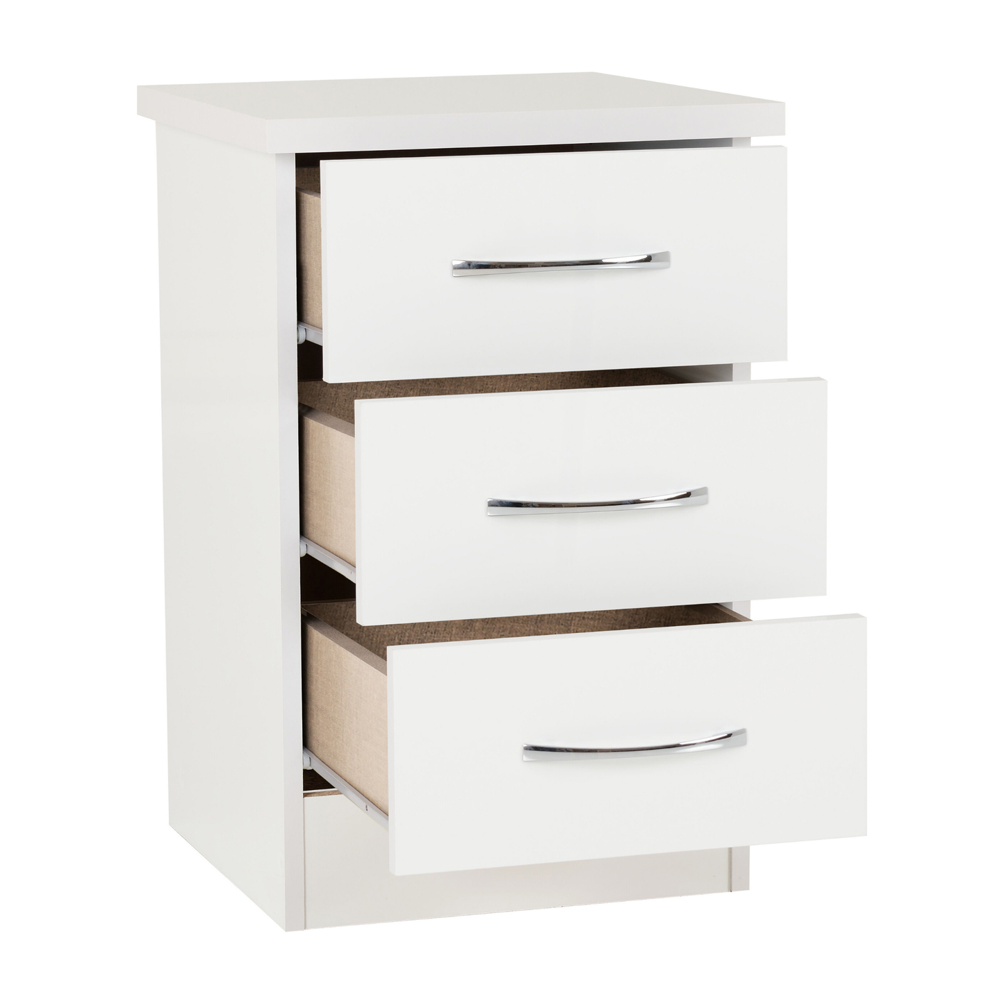 Nevada 3 Drawer Bedside – White Gloss Storage