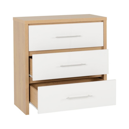 Seville 3 Drawer Chest - White Gloss/Light Oak Effect