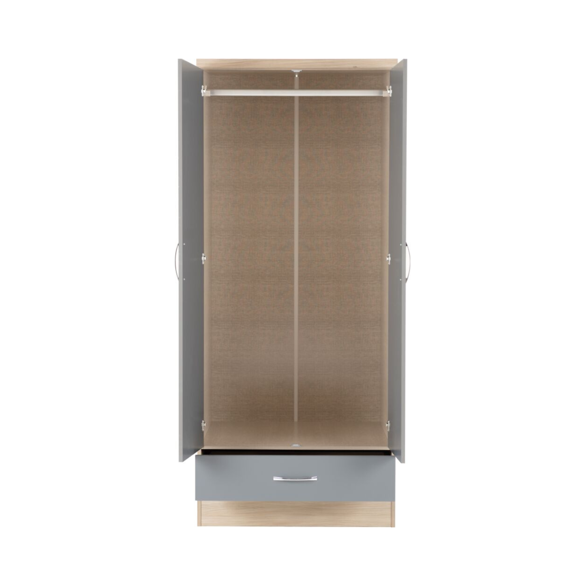 Nevada 2 Door 1 Drawer Wardrobe – Grey Gloss & Oak