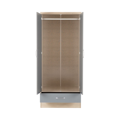 Nevada 2 Door 1 Drawer Wardrobe – Grey Gloss & Oak