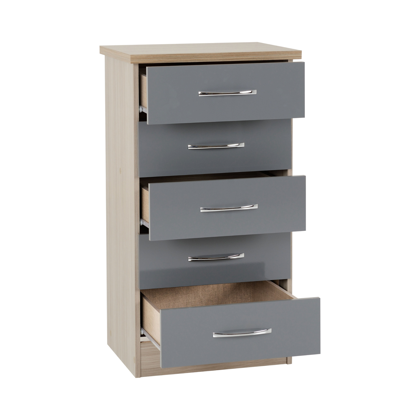 Nevada 5 Drawer Narrow Chest - Grey Gloss/Light Oak Effect Veneer