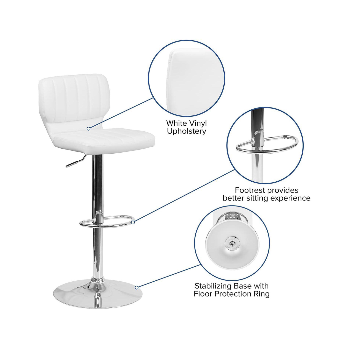 Set of 2 White Faux Leather Rotating Bar Stools – Adjustable Height