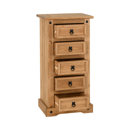 Corona 5 Drawer Narrow Chest – Distressed Waxed Pine, Space-Saving Storage