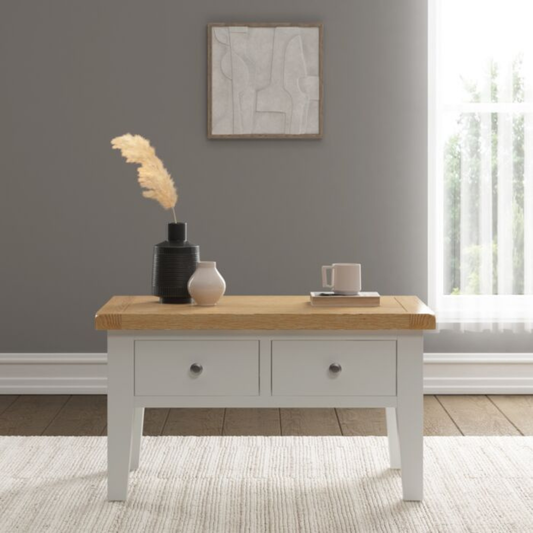 Windsor 2 Drawer Coffee Table - Ivory/Oak, Classic Design