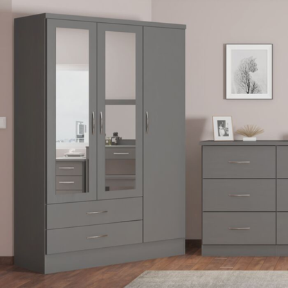Nevada 3-Door 2-Drawer Wardrobe with Mirror – 3D Effect Grey