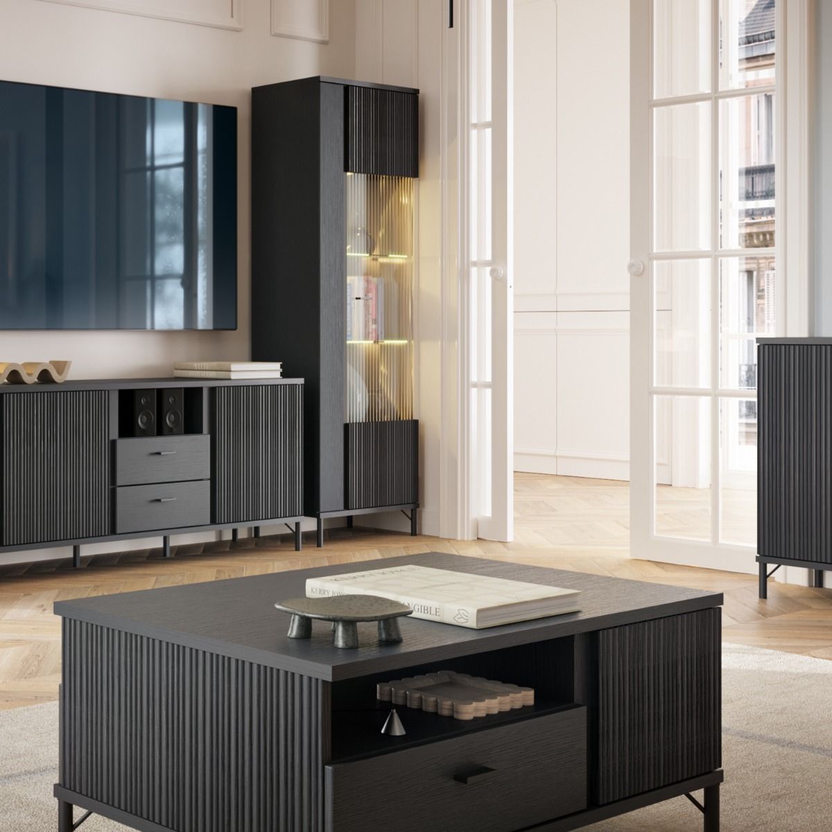 Lusaka TV Cabinet 2 Door 2 Drawer in Black Graphite