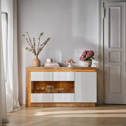 Lyon 3 Door Glazed Sideboard in Riviera Oak/White High Gloss