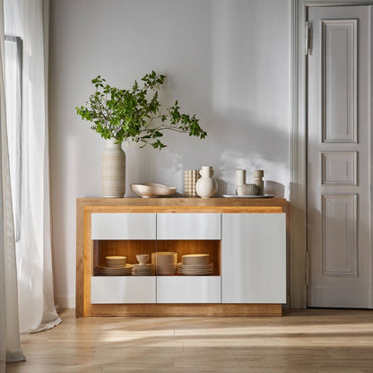 Lyon 3 Door Glazed Sideboard in Riviera Oak/White High Gloss