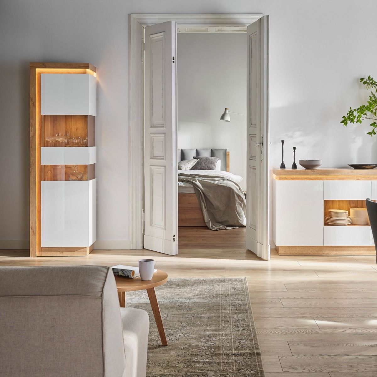 Lyon Tall Narrow Display Cabinet (RHD) in Riviera Oak/White High Gloss