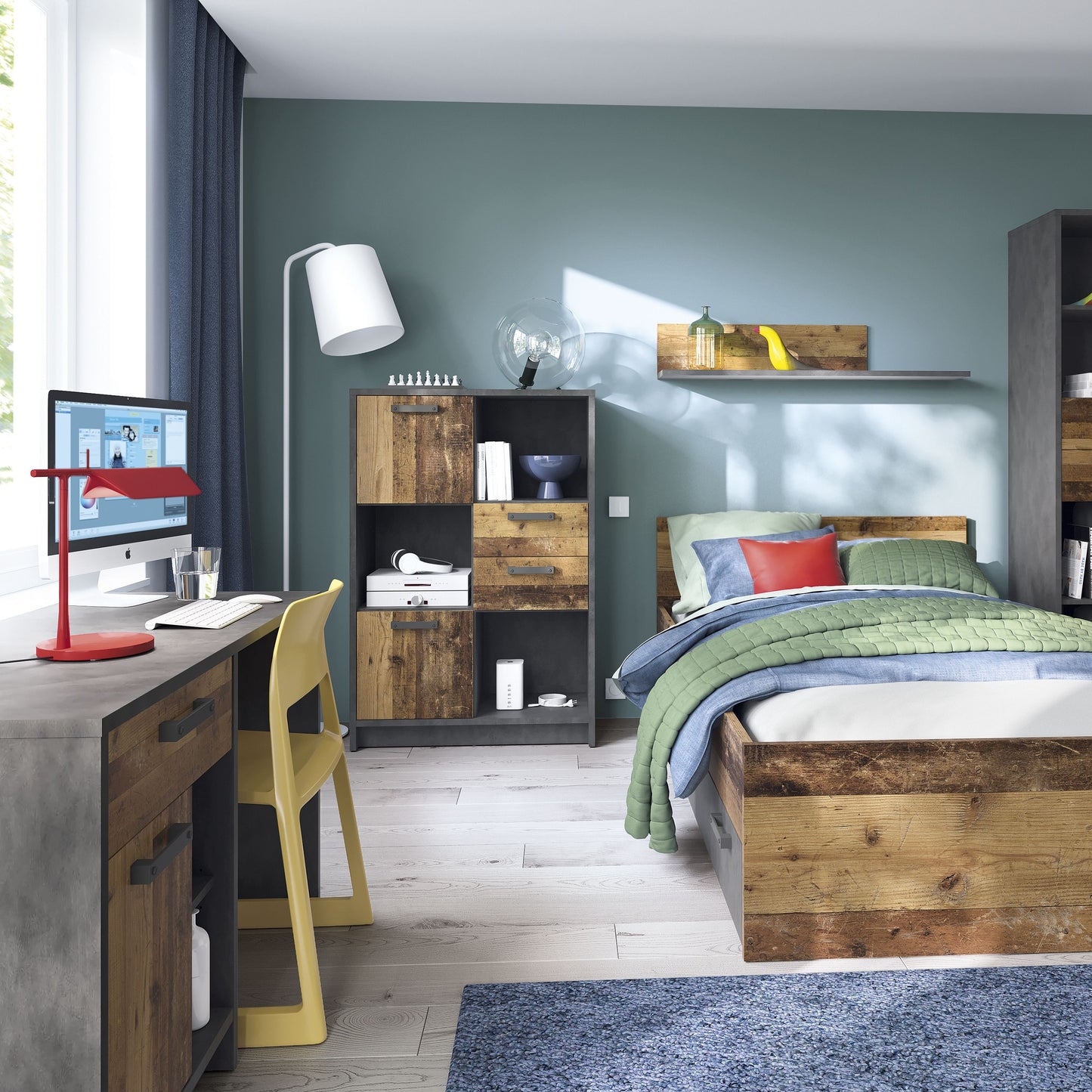 Brooklyn Low Bookcase 2 Doors and 2 Drawers Walnut and Grey