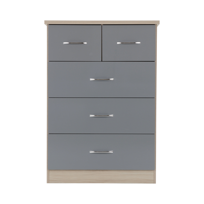 Nevada 3+2 Drawer Chest - Grey Gloss/Light Oak Effect Veneer