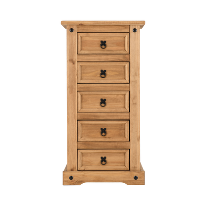 Corona 5 Drawer Narrow Chest – Distressed Waxed Pine, Space-Saving Storage