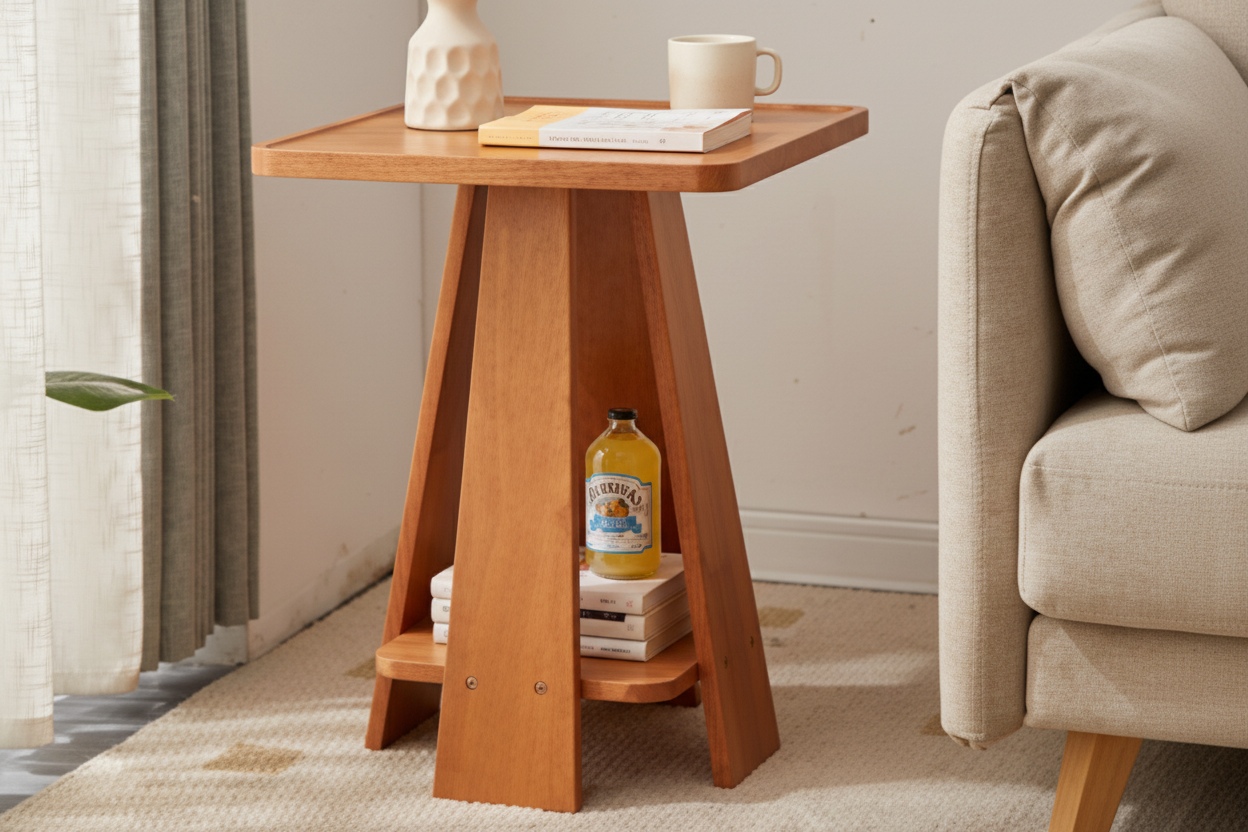 Lev Dne Side Table With Storage, Solid Wood
