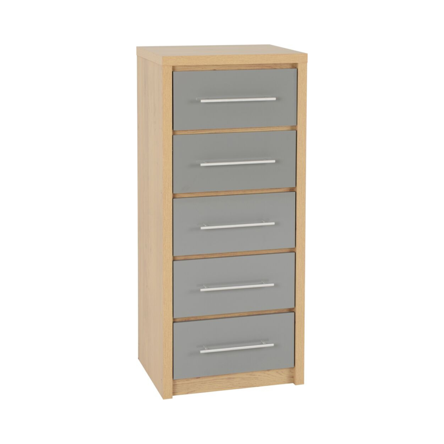 Seville 5 Drawer Narrow Chest - Grey Gloss/Light Oak Effect