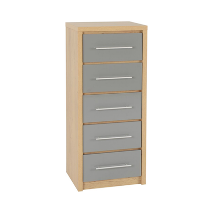 Seville 5 Drawer Narrow Chest - Grey Gloss/Light Oak Effect