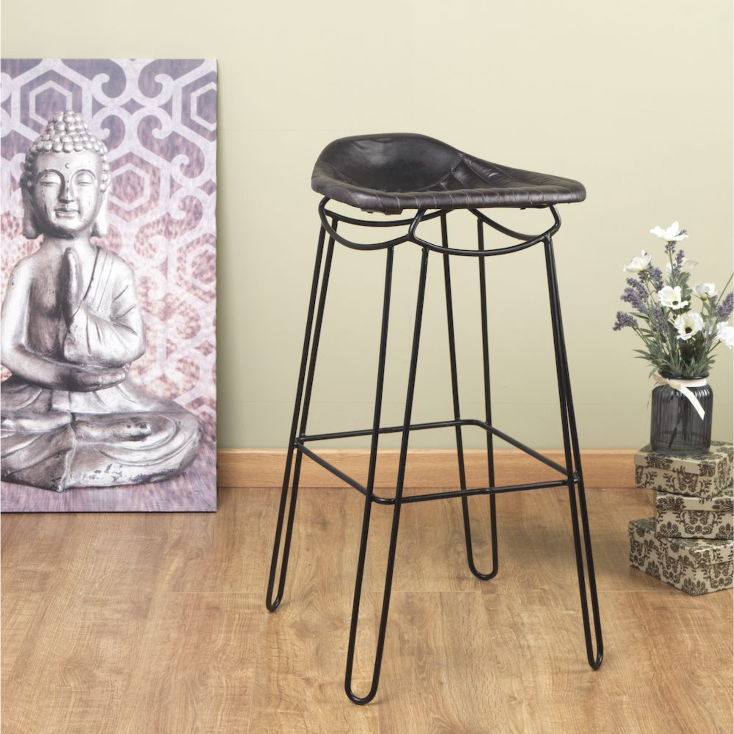 Soneri Artisan Black Leather Bar Stool – Heavy Duty Metal Frame