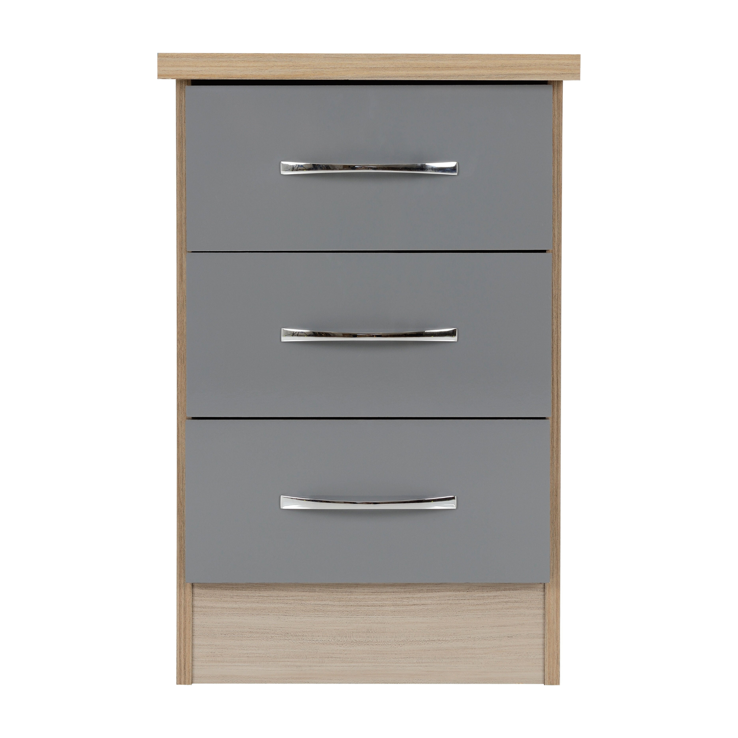 Nevada 3 Drawer Bedside – Grey Gloss/Light Oak Effect