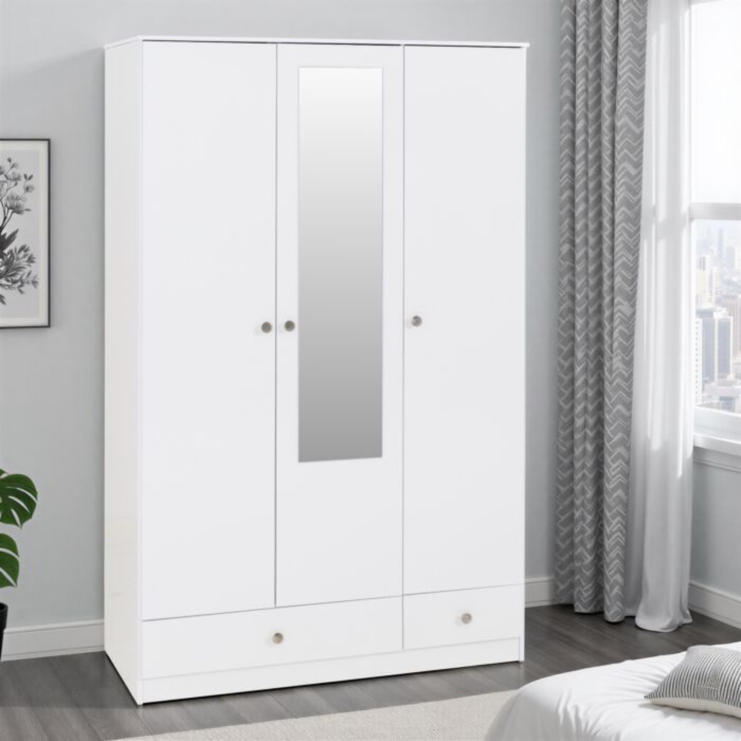 Denver 3 Door 2 Drawer Mirrored Wardrobe in White Gloss