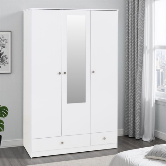Denver 3 Door 2 Drawer Mirrored Wardrobe in White Gloss