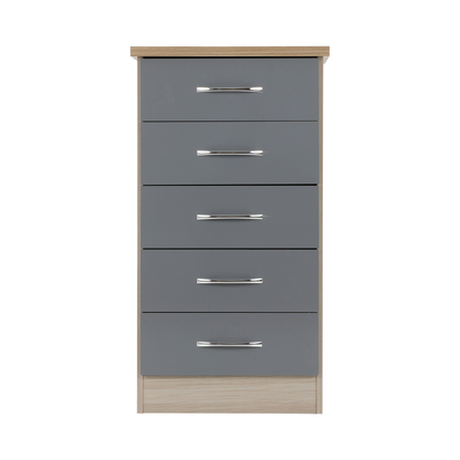 Nevada 5 Drawer Narrow Chest - Grey Gloss/Light Oak Effect Veneer
