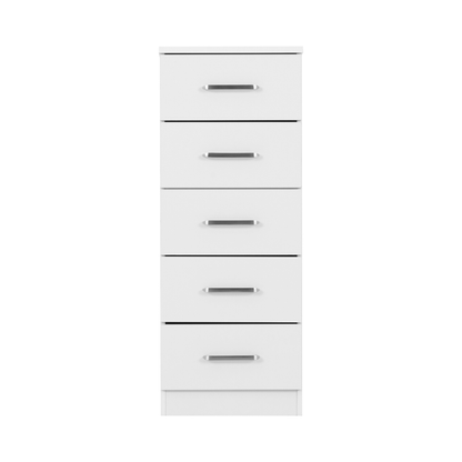 Dakota 5 Drawer Narrow Chest – White, Space-Saving Bedroom Storage