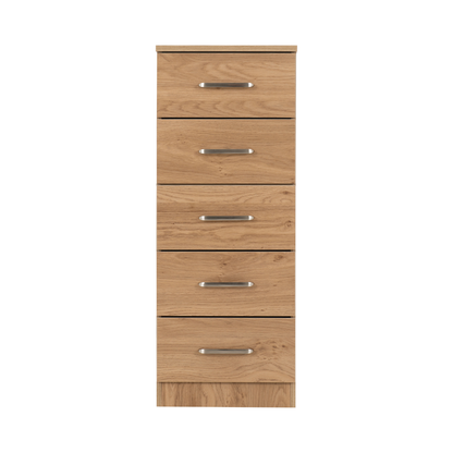 Dakota 5 Drawer Narrow Chest – Oak Effect, Compact Bedroom Storage