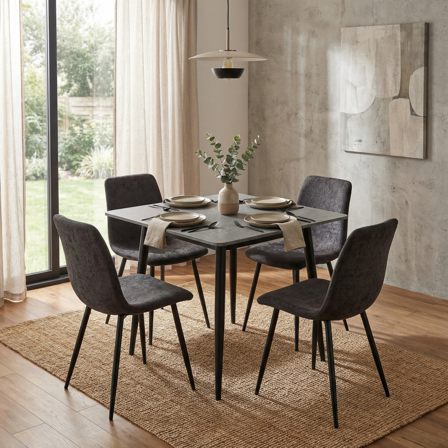 Nova Sintered Stone Dining Table 70x70cm – Grey Marble, Black Steel Legs