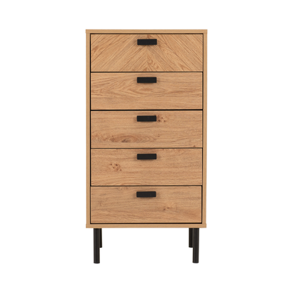 Leon 5 Drawer Narrow Chest – Medium Oak Effect, Vertical Storage Solution