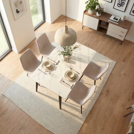 Nova Sintered Stone Dining Table 110x60cm – Cream Marble, Black Steel Legs