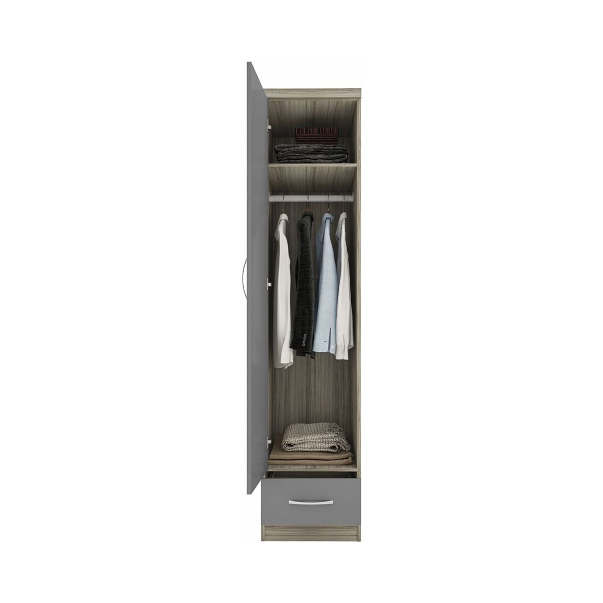 Nevada 1 Door 1 Drawer Wardrobe – Grey Gloss & Oak